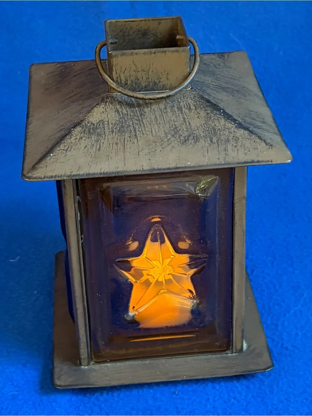 Metal Star Accent Lantern with Amber Glass Panel Vintage Illuminary